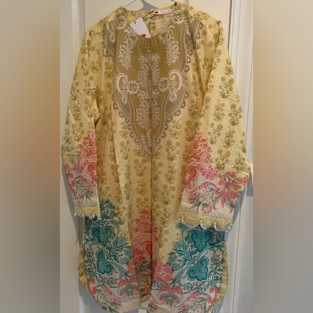 Khaadi Yellow Pink Floral Kurta XL tunic